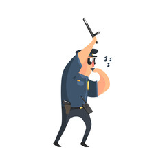 Policeman In American Cop Uniform With Truncheon, Radio, Gun Holster And Sunglasses Whistling