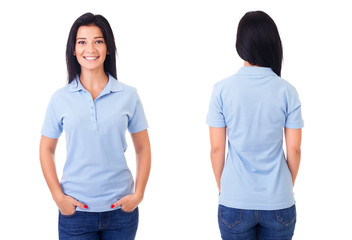 Woman in blue polo shirt