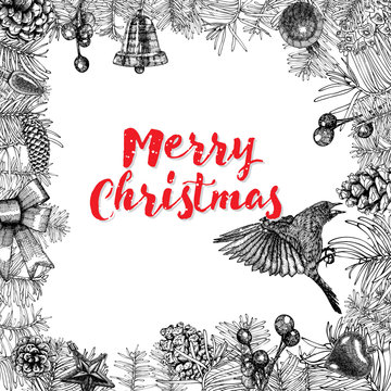 Merry Christmas greeting card with traditional decorations and calligraphic lettering.