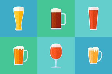 Set of beer glasses flat style icons. Different beer types: classic, white, light, red and dark. Vector illustration.