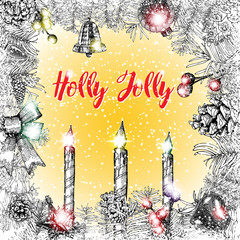Holly Jolly calligraphy phrase in frame with various hanging Christmas ornaments such as Christmas bauble, heart, present, gift box, cone, toys, lights and fir tree branches with bows. 