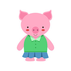 Fototapeta na wymiar Pig In Green Top And Blue Skirt Cute Toy Baby Animal Dressed As Little Girl