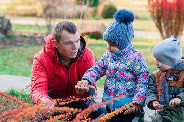 family collect berries in park