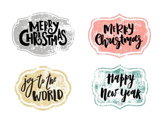 Set of Christmas and New Year design lettering. Handwritten XMAS wishes. Hand drawn signs for greeting card, invitation.