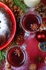 Christmas table setting. Bundt cake sprinkled with sugar powder