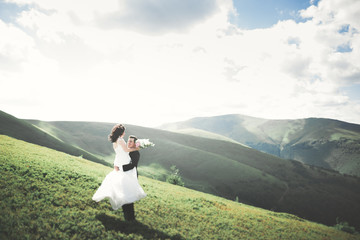 Fototapeta premium Kissing wedding couple staying over beautiful landscape