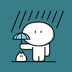 Cute man takes care of pet with umbrella under the heavy rain on the blue background. Friendship and kindness - cartoon vector illustration.
