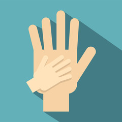 Parent and child hands together icon. Flat illustration of parent and child hands vector icon for web design