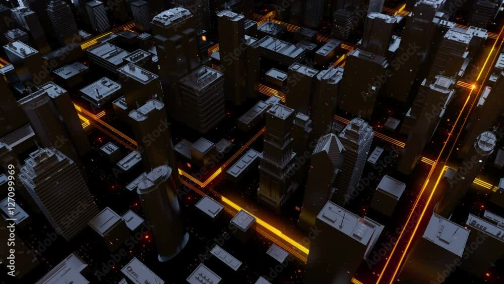 Poster digital 3d rendering city. light trails symbolise data travelling in modern city. flowing data parti