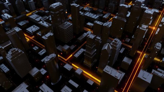
Digital 3d rendering city. Light trails symbolise data travelling in modern city. Flowing data particles and random shapes. Loopable sequence.