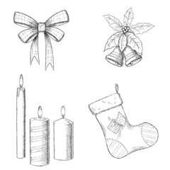 Christmas hand drawn vector illustration - bow, candles, sock and bells, vintage style.