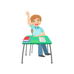Schoolboy Sitting Behind The Desk In School Class Raising Hand To Answer Illustration, Part Of Scholars Studying Vector Collection.