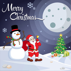 Merry Christmas night greeting card. Funny Santa, snowman, tree, and gift box vector illustration. 