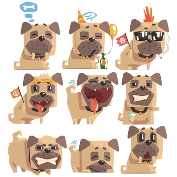Little Pet Pug Dog Puppy With Collar Collection Of Emoji Facial Expressions And Activities Cartoon Illustrations