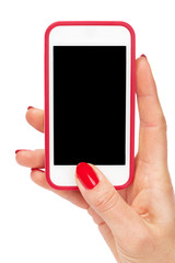 Female hand holding a smartphone. Isolated