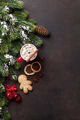 Christmas fir tree, hot chocolate and marshmallow