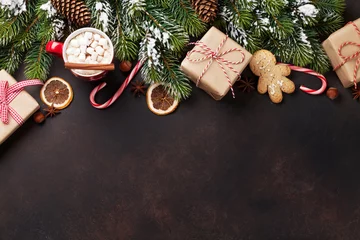 Fotobehang Christmas fir tree, hot chocolate and marshmallow © karandaev