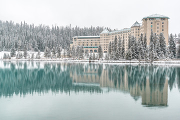 Winter reflection over Lake Louise Banff National Park Alberta Canada