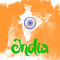 India. Abstract orange vector grunge background with green lettering and map