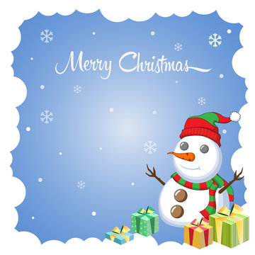 Merry Christmas greeting card. Funny Santa, snowman, tree, and gift box vector illustration. 