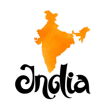 India. Vector orange watercolor background with lettering and map.
