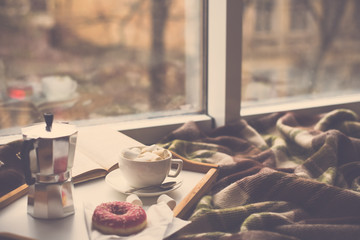 Cozy home winter with coffee and blanket