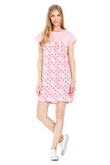 Fashion photo of young magnificent woman wearing fashionable summer clothes