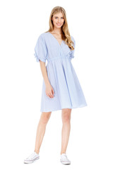 Fashion photo of young magnificent woman wearing fashionable summer clothes