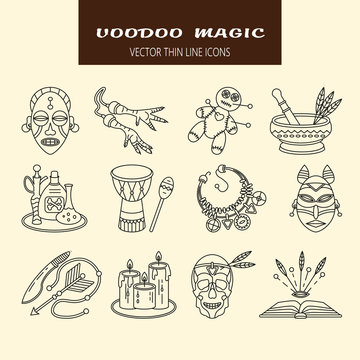 Voodoo African and American magic vector line icons.