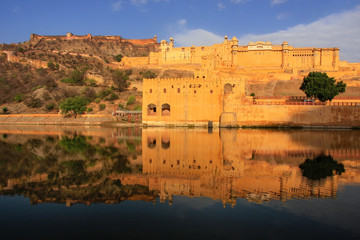 Amber Fort reflected in Maota Lake near Jaipur, Rajasthan, India