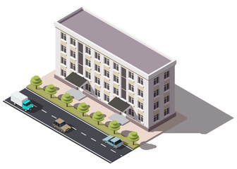 Public residential building isometry. Isometric view of the house and cars. 3D object for video games or real estate advertising. For Your business. Vetor Illustration