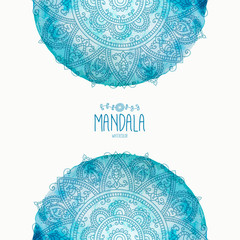 Hand-drawn mandala on the watercolor background, half circle. Greeting card