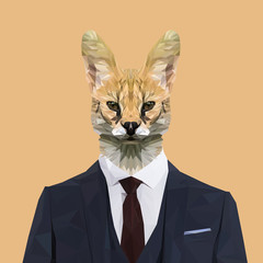 Naklejka premium Lynx cat animal dressed up in navy blue suit with red tie. Business man. Vector illustration.