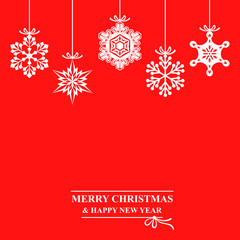 Fototapeta na wymiar Christmas red card with hang decorative snowflakes