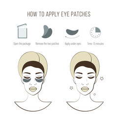 Steps how to apply eye patches. Cosmetic mask for eye. Vector isolated illustrations set.