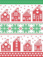 Seamless Scandinavian style and Nordic culture inspired Christmas and festive winter pattern in cross stitch style with gingerbread house village including decorative elements in red, white , green
