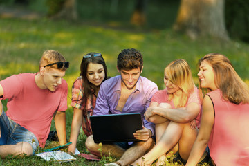 Fototapeta na wymiar a group of students with laptop relaxing in the Park on a Sunny day