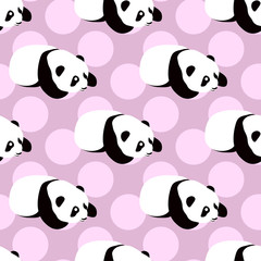Fototapeta premium Panda bear vector background. Seamless pattern with cute cartoon sleeping panda. 