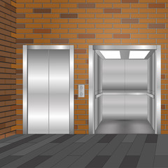 Elevator Doors metal open and closed with boxes. Elevator hall interior with  brick wall and floor background.  Vector illustration.  