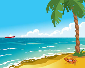 Fototapeta na wymiar Sea beach with palm and crab. Cartoon vector illustration