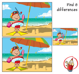Little boy with swimming circle, flippers and mask on the beach. Find differences. Educational game for children.  Cartoon  vector illustration