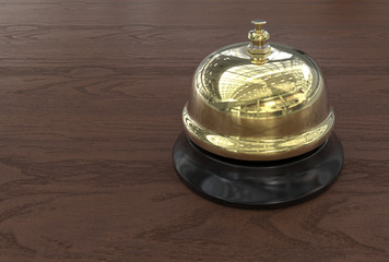 Fototapeta na wymiar Brass Reception Bell Background. 3D render of Brass Reception Bell. Wooden background.