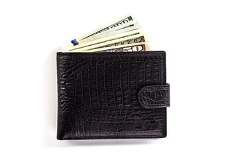 men's black wallet money in cash white background