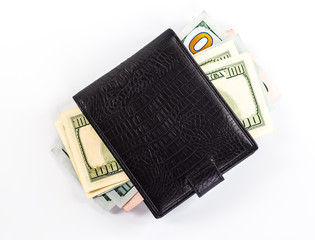 men's black wallet money in cash white background