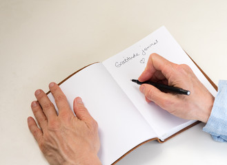 Middle aged woman's hands holding black pen and writing in gratitude journal (cropped)