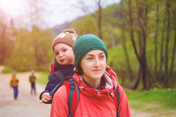 The mother and son are traveling.