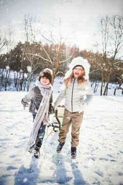 Composite image of brother and sister playing with sled on snow 