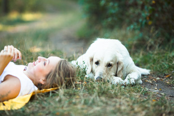 white dog lies on the grass