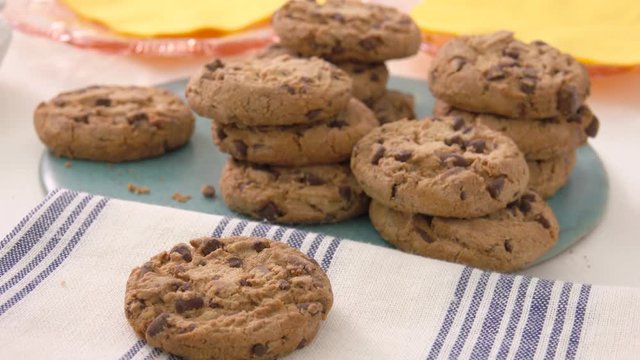 Chocolate chip cookies on a plate. Homemade biscuits on a table.