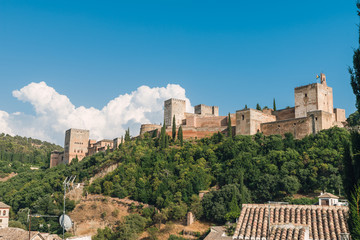 Fototapeta na wymiar Granada - The Alhambra palace and fortness complex in evening light...
